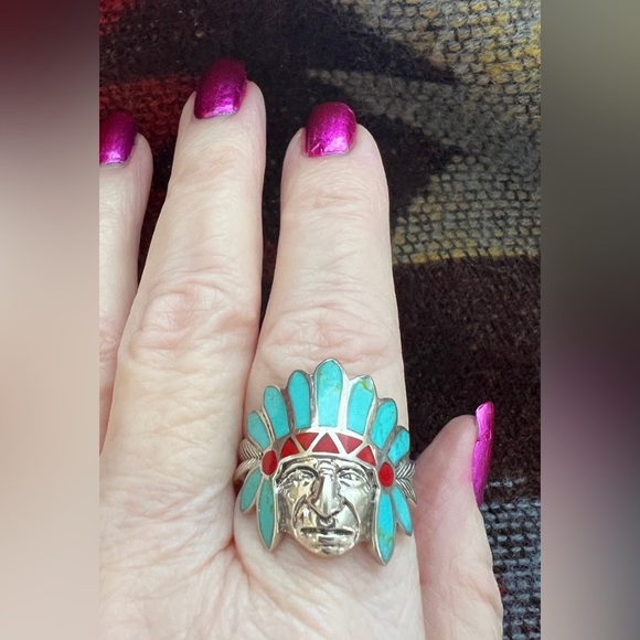 ❤️ Zuni Chief Inlaid Sterling Silver Southwestern Size 8.5 Ring 6.6gm - Picture 11 of 14